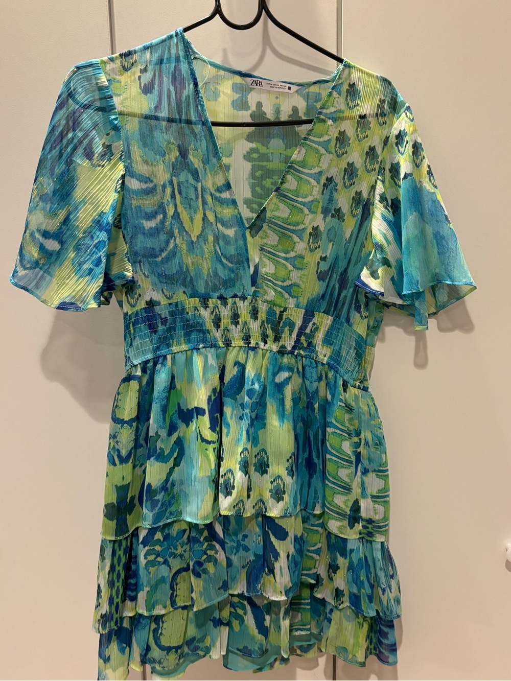 Zara Blue & Green V-Neck Tiered Ruffle Tunic